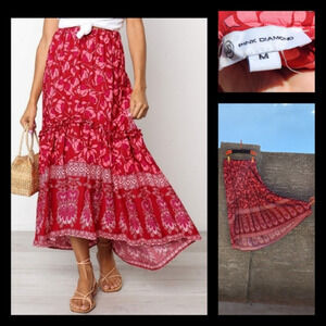Bohemian Red Floral Print Skirt Floral‎
